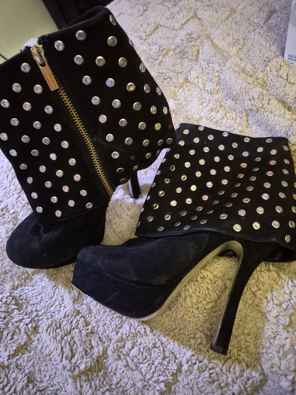 H By Halston Black Studded Suede High-Heel Booties with Side Zip